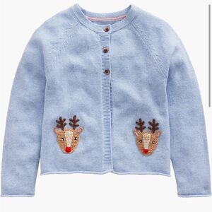 Mini Boden Light Blue Cardigan with Reindeer Appliqués